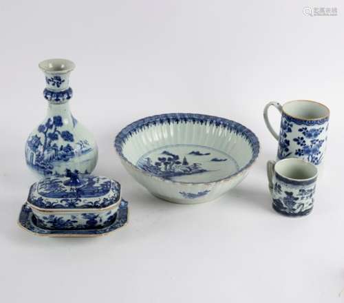 A Chinese blue and white fluted basin, late 18th Century, decorated a coastal landscape, 28.