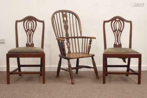 19th century beech and elm Windsor elbow chair, pierced splat, dished panel seat,