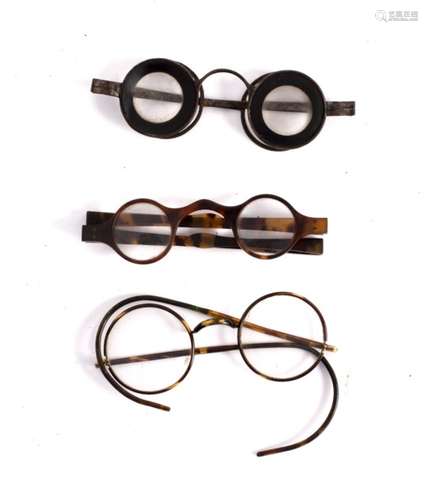 A pair of steel framed spectacles in a case with hinged cover,