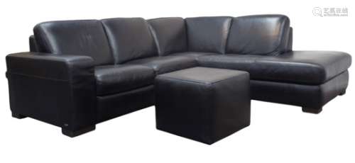 Natutsti corner sofa upholstered in black leather with optional headrests, complete with cube stool,