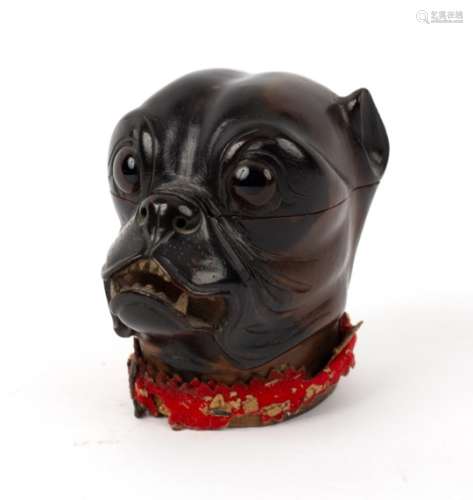 An English carved wood inkwell modelled as a Pug, with glass eyes and textile collar, circa 1860,