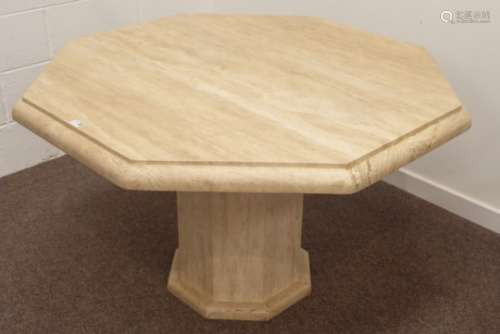 Modern Travertine pedestal table, octagonal moulded top on single paneled column, 120cm x 120cm,