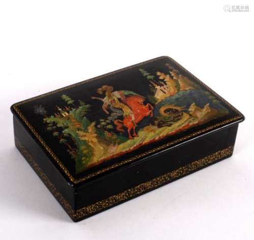 A Russian palekh box decorated by Aleksei Figurin (1910-1971) with a scene perhaps from 'The Little