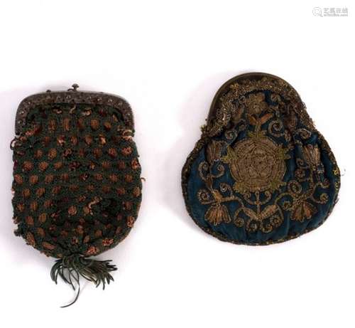 An early 19th Century needlework purse with Tudor roses and a seahorse and another needlework purse