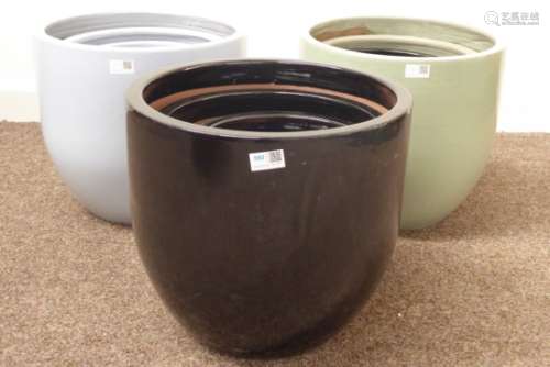 Three sets of four 'Glazed Egg cup' terracotta planters in green, blue and black, W38cm,