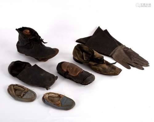 A 19th Century overshoe protector, three other 19th Century shoes,