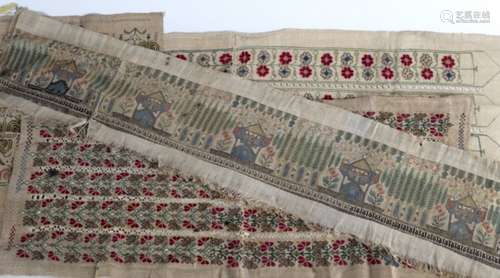 Four 18th Century Turkish needlework fragments, the largest fragment,