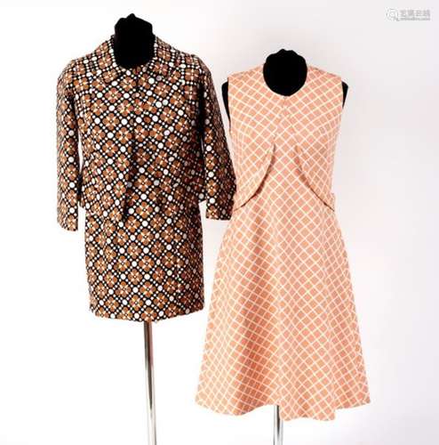 A Mary Donan dress and jacket in a geometric floral design and a Mary Donan sleeveless dress in a