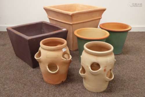 Various terracotta planters, including a large 'flared square,' (W54cm, H46cm) 'rustic cube,