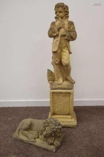 'Winter season' composite stone statue of a boy, on plinth base,