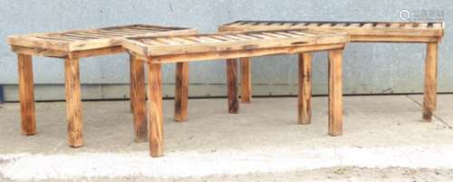 Three slatted pine potting tables, 188cm x 65cm, H77cm, 167cm x 65cm, H77cm and 130cm x 80cm,