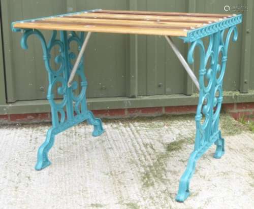 Cast iron garden table, with slated hardwood top, powder coated in turquoise, 76cm x 69cm,