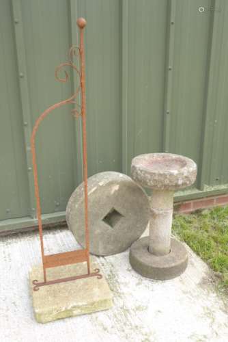 Small garden bird bath, round dished top on stacked column support, plinth base,