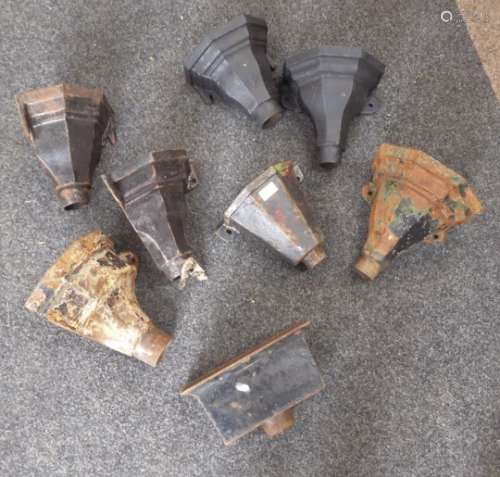 Eight various cast iron hopper heads, including three corner sections,