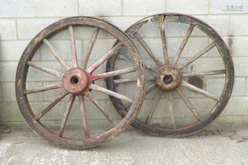 Pair large 19th century oak cart wheels, iron hub and rim with traces of original paint,