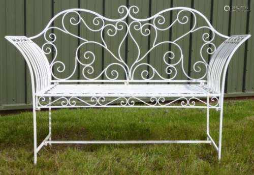White painted open work wrought metal garden bench,