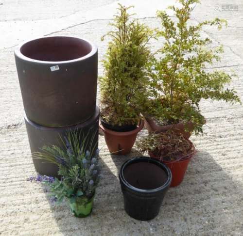 Pair rustic cylindrical terracotta plant pots, (D43cm) a small ceramic plant pot,