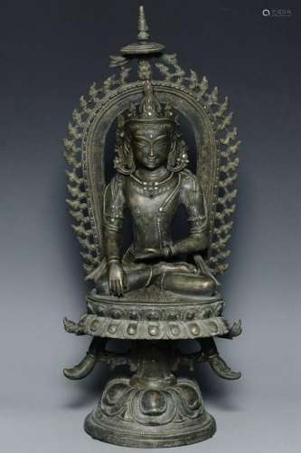 A LARGE YUAN SILVER-INLAID BRONZE BODHISATTVA