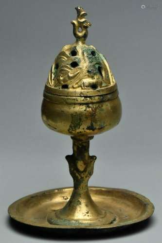 A HAN DYNASTY GILT BRONZE HILL CENSER AND COVER