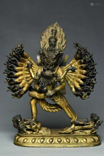 A QING GILT BRONZE FIGURE OF YAMANTAKA 18TH C