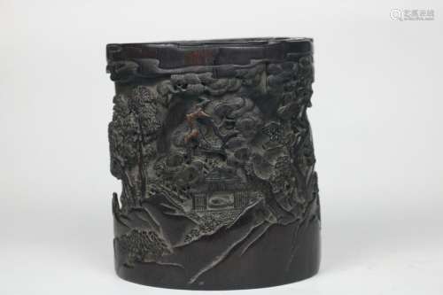 A CHINESE CARVED ZITAN BRUSH POT, QING DYNASTY
