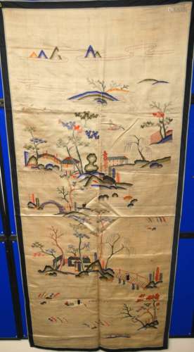 A PAIR OF CHINESE SILK PANELS each embroidered with sampans amongst river islands, 163 x 73cm and