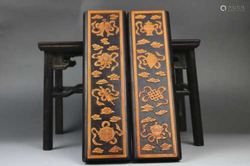 A CHINESE ROSEWOOD AND BAMBOO PAPER WEIGHT, QING