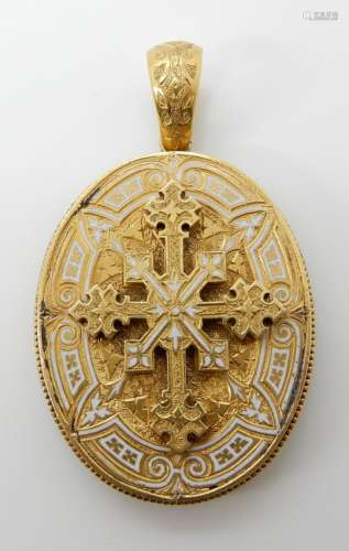 A BRIGHT YELLOW METAL AND ENAMEL LOCKET BACK PENDANT with applied enamelled cross motif,
