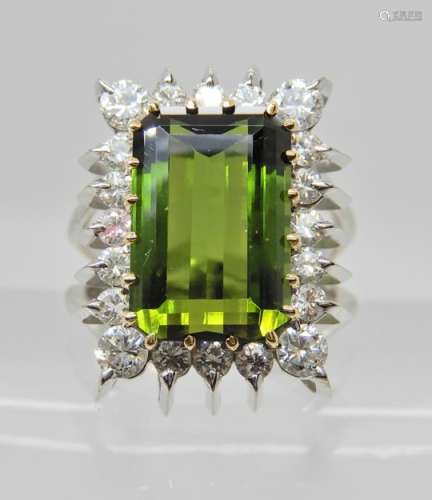 AN 18CT WHITE GOLD RETRO TOURMALINE AND DIAMOND RING the emerald cut green tourmaline measures 12.
