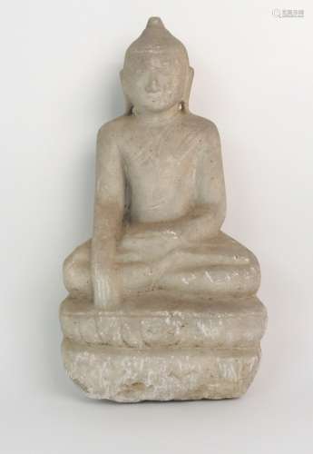 AN INDIAN WHITE MARBLE STATUE OF BUDDHA seated in lotus position on a high raised lotus throne, 39cm