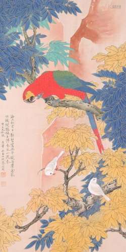 YU FEIAN, PARROT, INK AND COLOR ON SILK, HANGING SCROLL