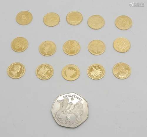 FIFTEEN ASSORTED MINIATURE FINE GOLD COINS each 1.2gms approx with an Isle of Man Christmas 2006