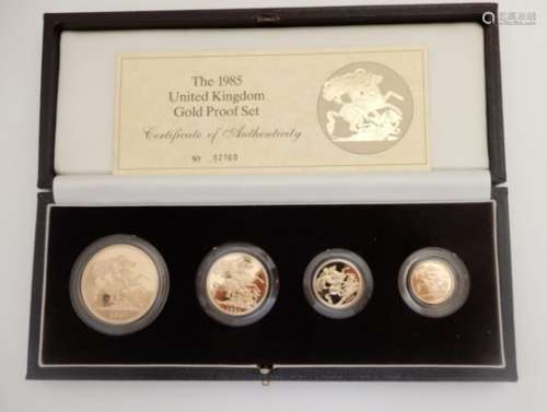 A 1985 UNITED KINGDOM GOLD FOUR-COIN PROOF SET £5, £2, full sovereign and half sovereign (with