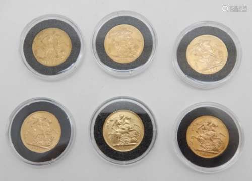TWO EDWARD VII GOLD FULL SOVEREIGNS 1904 AND 1905 with four George V gold full sovereigns, 1911,