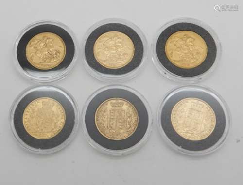 SIX VICTORIAN GOLD FULL SOVEREIGNS 1861, 1872 (3), 1876 and 1882, (encapsulated) (6) Condition