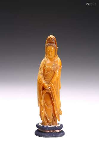 A SHOUSHAN SOAPSTONE CARVING OF STANDING GUANYIN