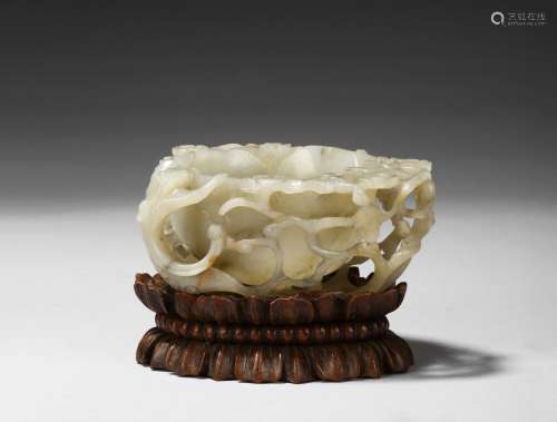 A WHITE JADE 'PLUM BLOSSOM AND CHILONG' WASHER W/ STAND