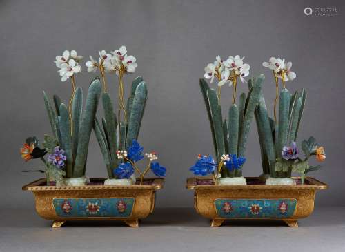 PAIR OF GILT BRONZE CLOISONNE AND HARDSTONE 'FLOWER' JARDINIERES