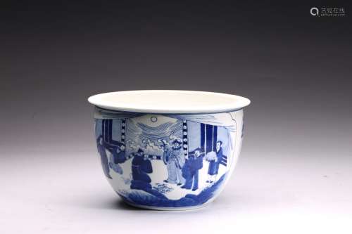 A BLUE AND WHITE 'STORY SCENE' JARDINIERE