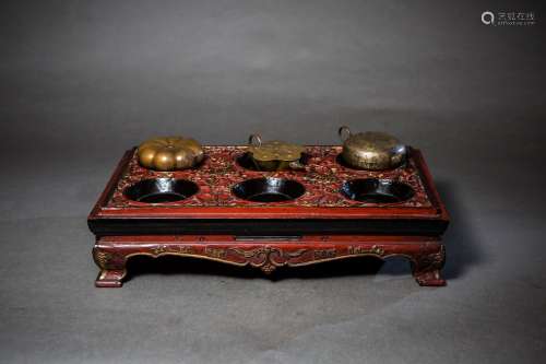 A SET OF BRONZE WATERPOTS WITH LACQUERED STAND