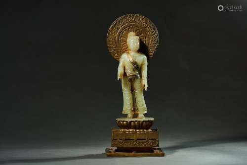 A JADE CARVED BODHISATTVA WITH STAND
