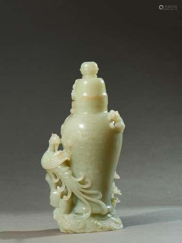 A WHITE JADE 'PHOENIX AND CHILONG' VASE GROUP
