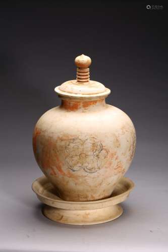 A LARGE PAINTED POTTERY JAR WITH STAND