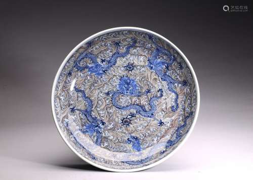 A LARGE UNDERGLAZED BLUE RED 'DRAGON AND WAVES' DISH