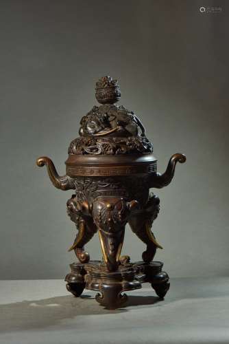 A BRONZE ELEPHANT CENSER AND COVER WITH STAND