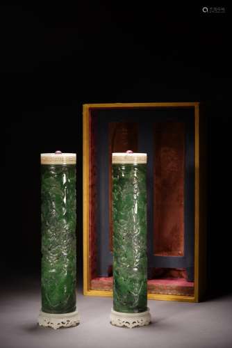 A PAIR OF GREEN JADE 'FIGURES' INCENSE HOLDERS