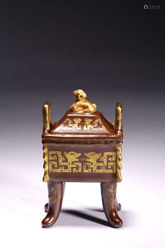 A SMALL BROWN GLAZE GILT PAINTED DING CENSER