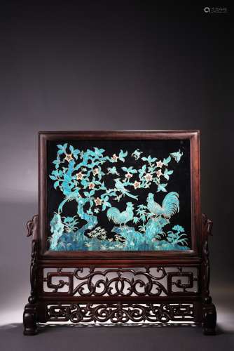 A KINGFISHER FEATHER 'BIRDS' ROSEWOOD TABLE SCREEN