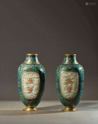 A PAIR OF CLOISONNE ENAMEL JADE WALL PANELS