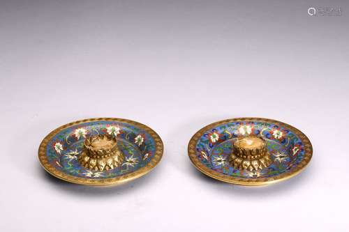 PAIR OF GILT BRONZE CLOISONNE ENAMEL CANDLE BASES